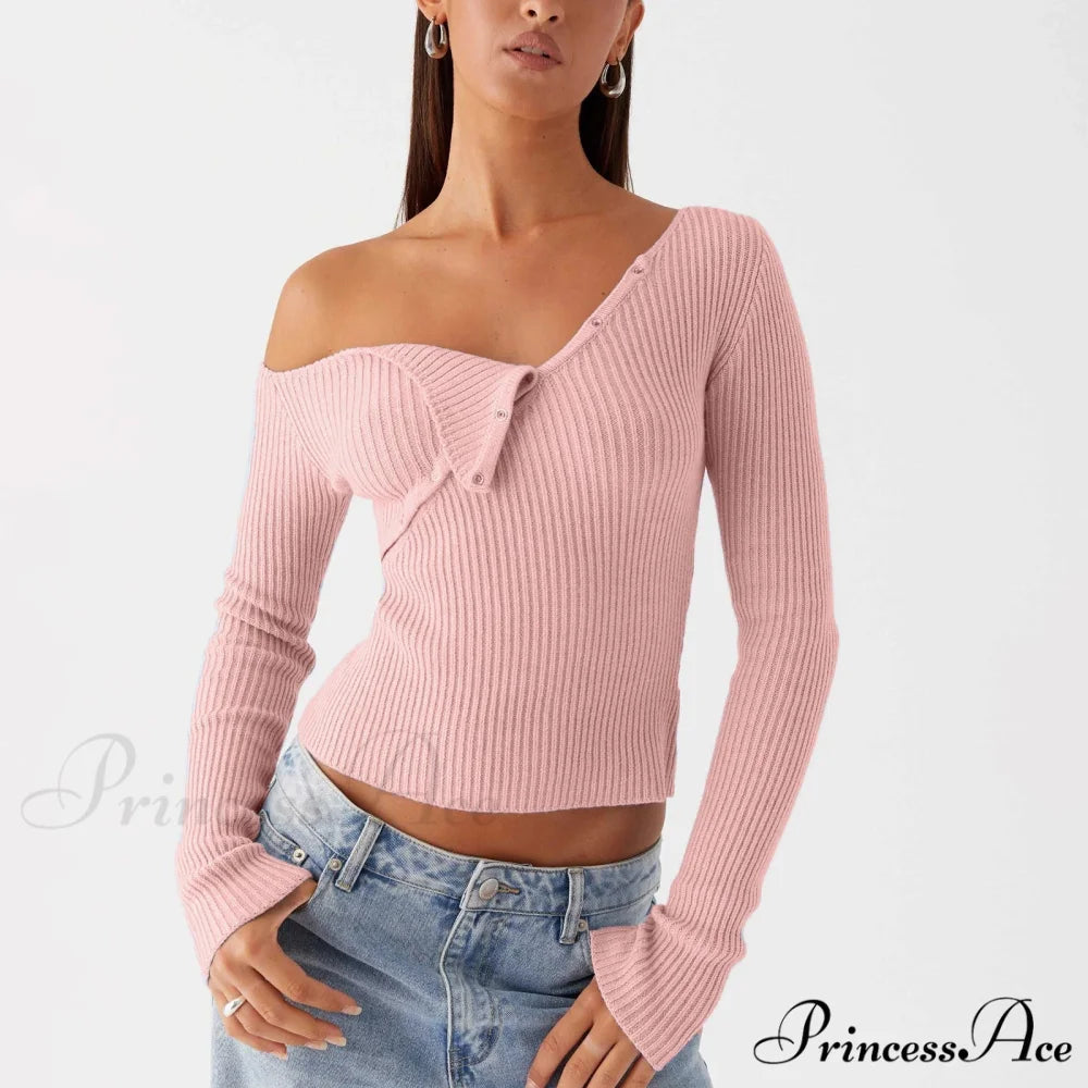Stylish Off Shoulder Ribbed Solid Crop Fitted Knit Top Pink / S knittop-250126