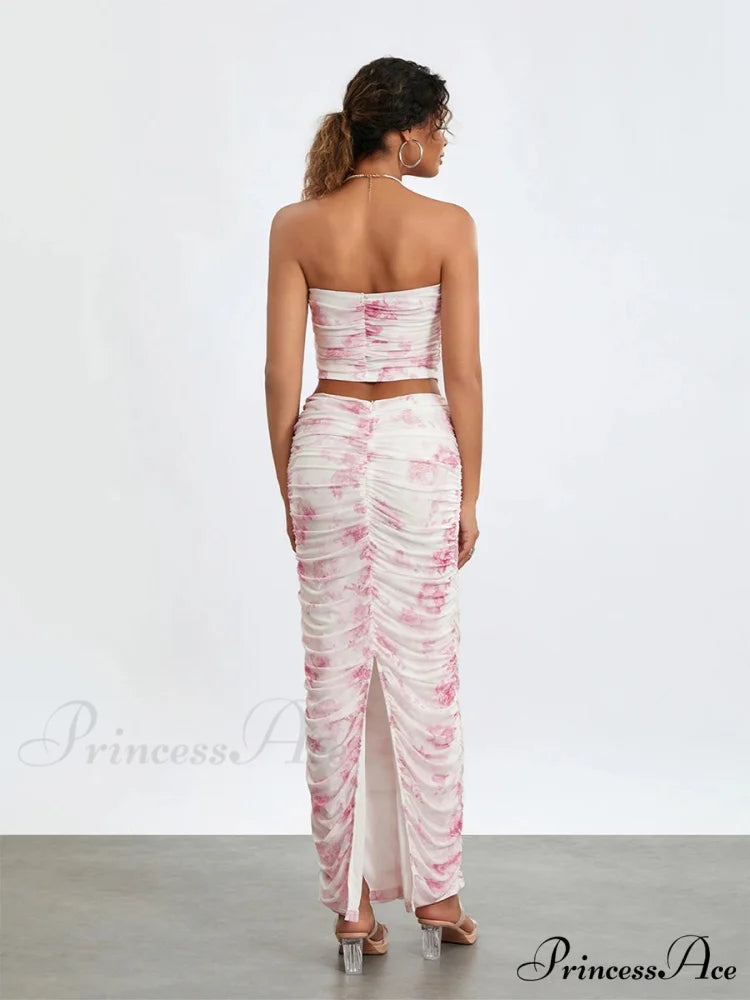 Stylish Off-Shoulder Tube Top Wrap Long Floral Skirt Set floraldress-250126