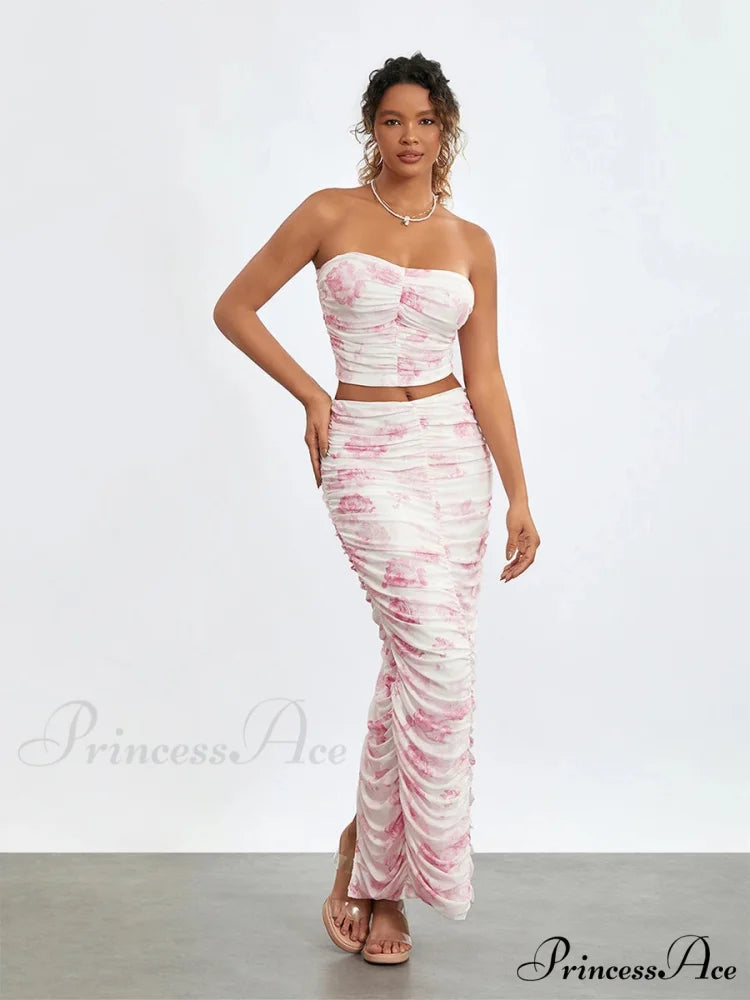Stylish Off-Shoulder Tube Top Wrap Long Floral Skirt Set floraldress-250126