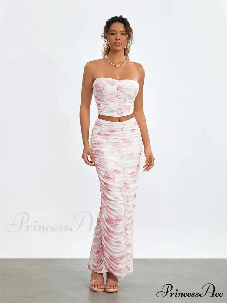 Stylish Off-Shoulder Tube Top Wrap Long Floral Skirt Set floraldress-250126