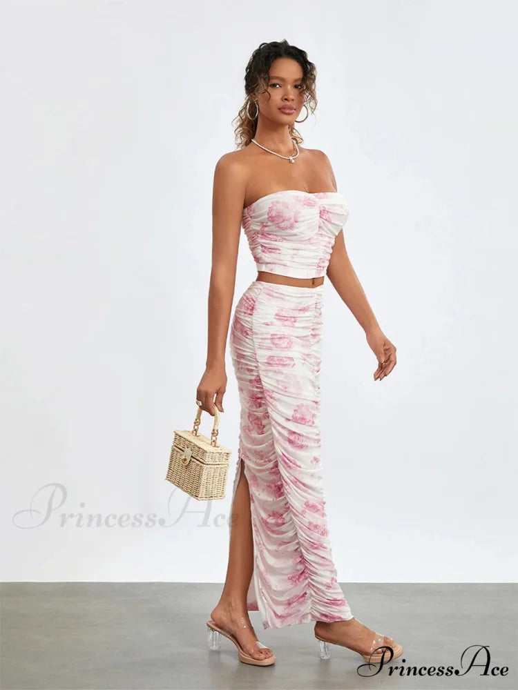 Stylish Off-Shoulder Tube Top Wrap Long Floral Skirt Set floraldress-250126