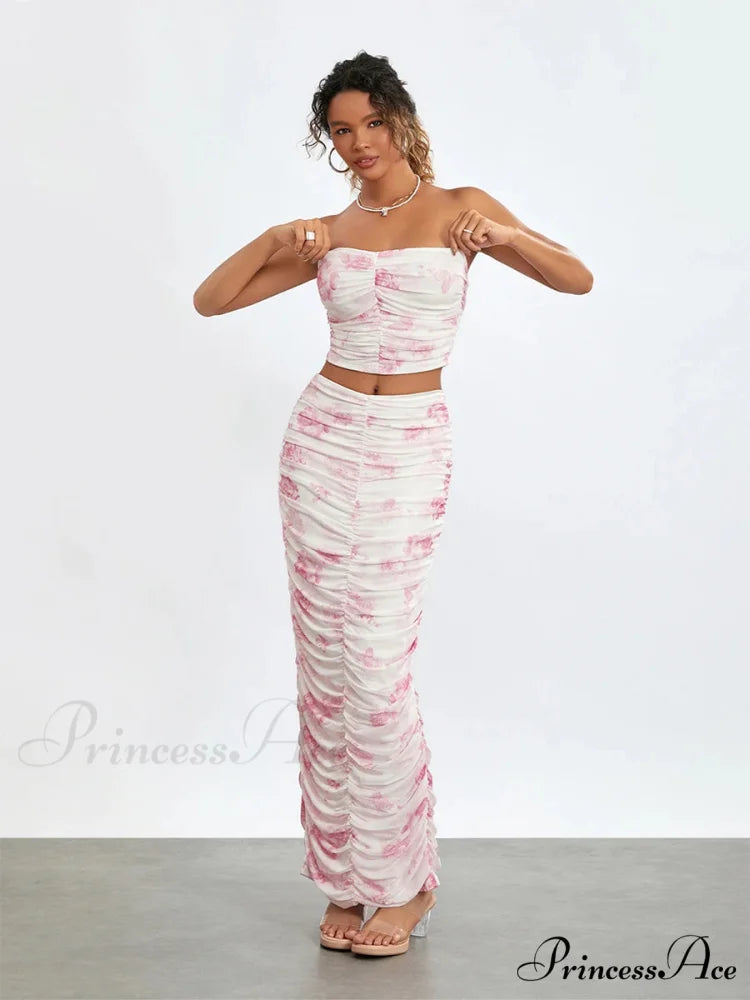 Stylish Off-Shoulder Tube Top Wrap Long Floral Skirt Set MULTI / S floraldress-250126