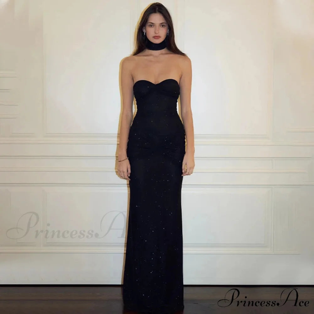 Stylish Off-The-Shoulder Sparkling Mermaid Maxi Dress Black / S