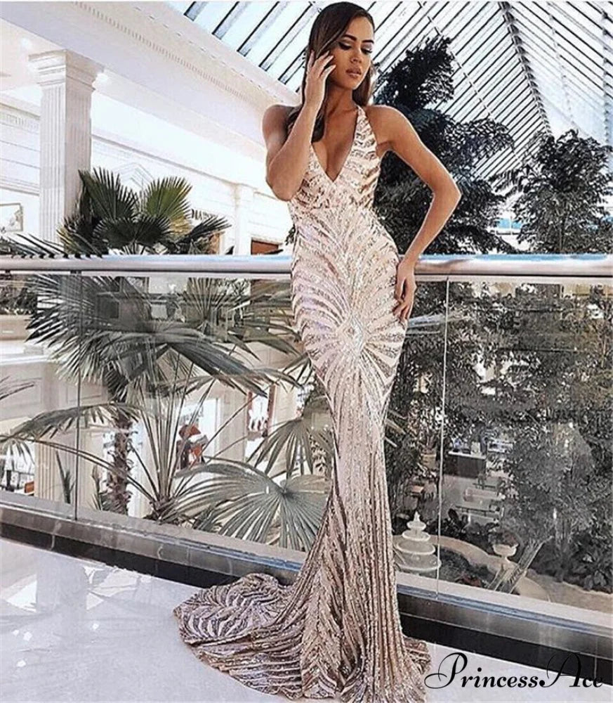 Stylish Open-Backed Lace Sequin Prom Gown apricot / S promdress-250223