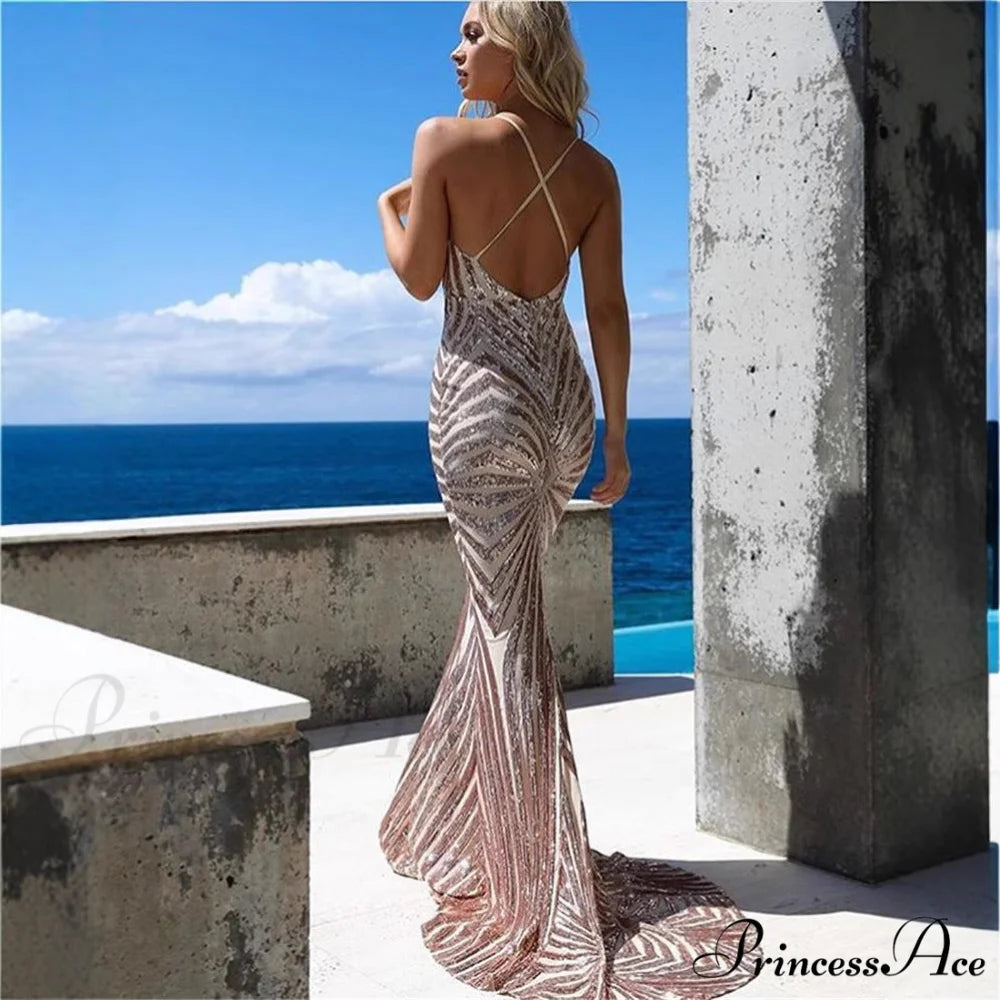 Stylish Open-Backed Lace Sequin Prom Gown promdress-250223