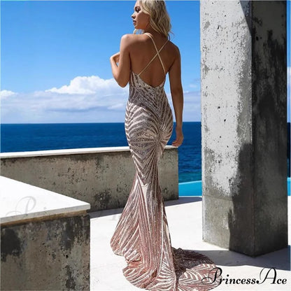 Stylish Open-Backed Lace Sequin Prom Gown promdress-250223