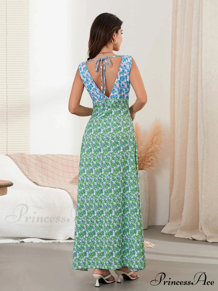 Stylish Patch Shade Floral Flowy Backless V-neck Tank Beach Floral Dress floraldress-250126