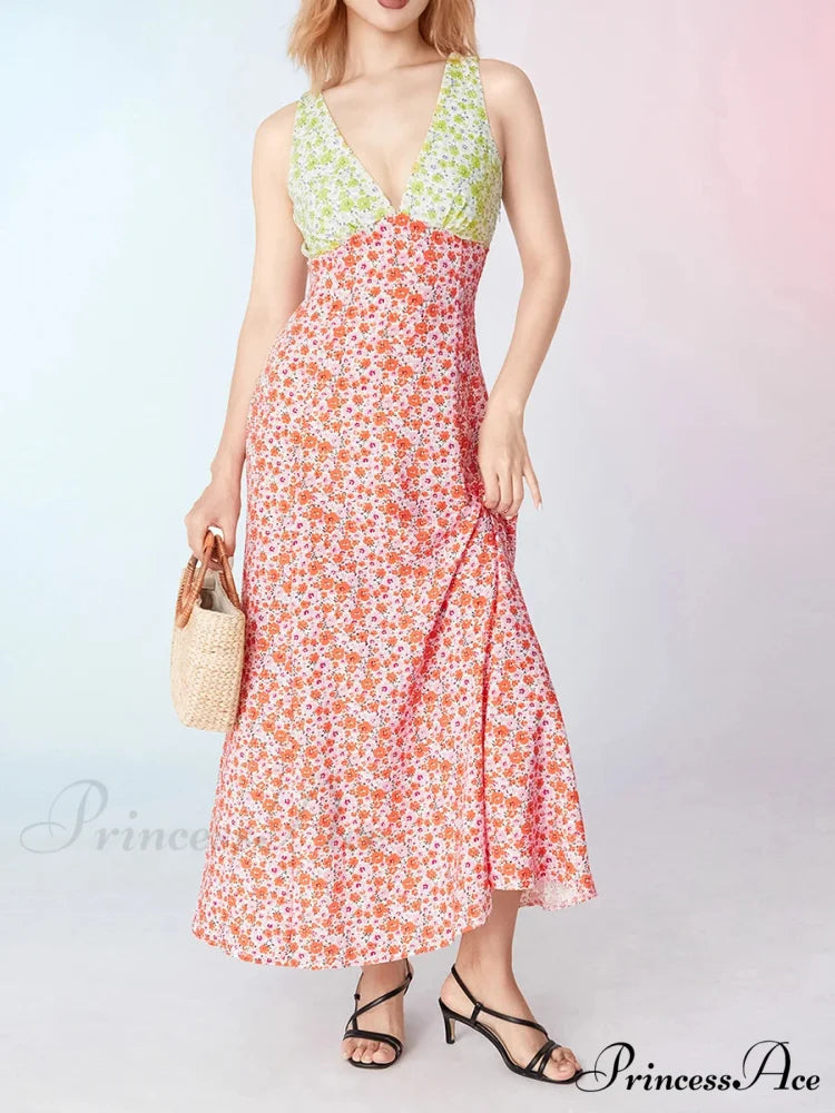 Stylish Patch Shade Floral Flowy Backless V-neck Tank Beach Floral Dress floraldress-250126