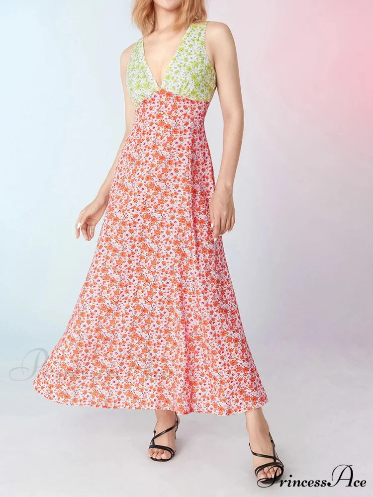Stylish Patch Shade Floral Flowy Backless V-neck Tank Beach Floral Dress PINK / S floraldress-250126