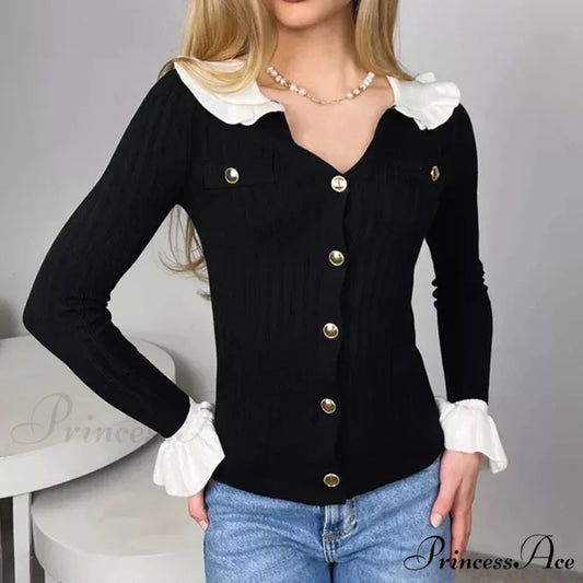 Stylish Patchwork Frill Long Sleeve Cardigan Black / S cardigans-241228