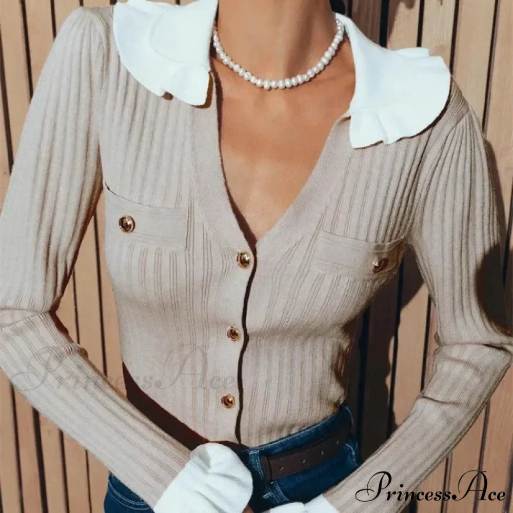 Stylish Patchwork Frill Long Sleeve Cardigan Khaki / S cardigans-241228