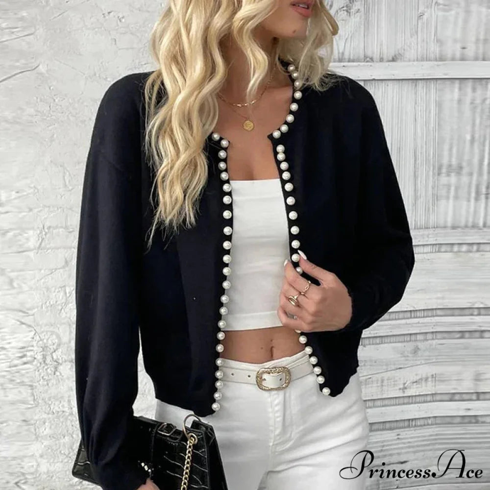 Stylish Pearls Extended Sleeve Knit Ivory Cardigan Black / S cardiagn-250126