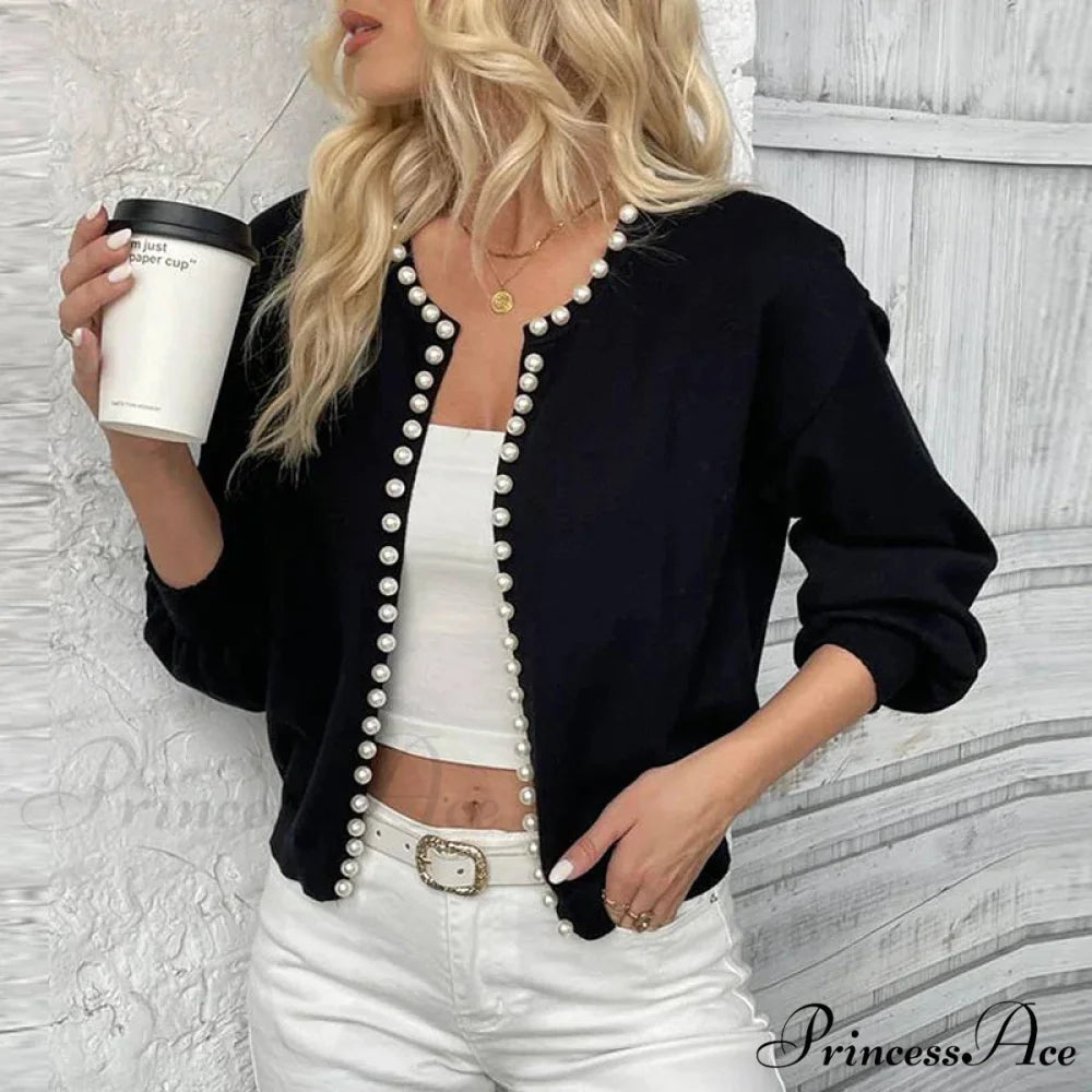 Stylish Pearls Extended Sleeve Knit Ivory Cardigan cardiagn-250126