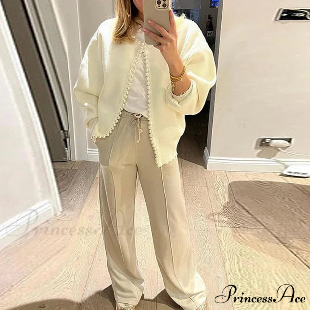 Stylish Pearls Extended Sleeve Knit Ivory Cardigan cardiagn-250126