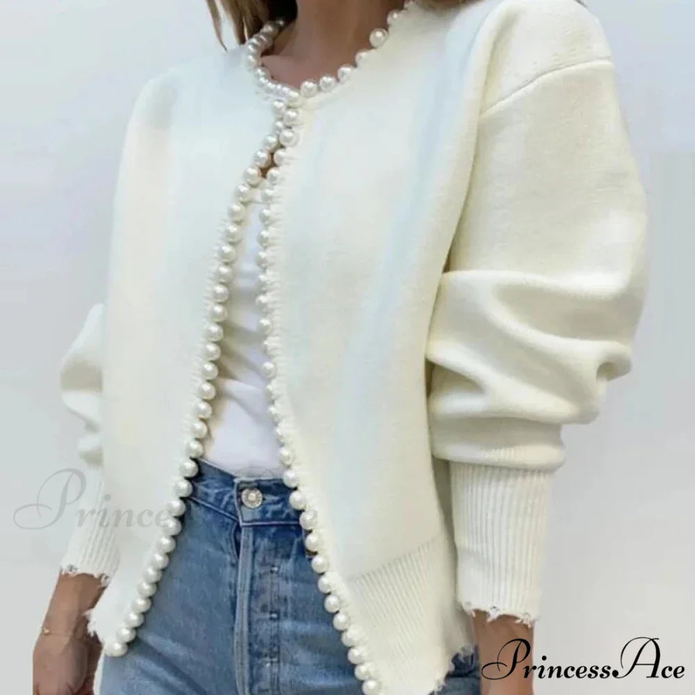 Stylish Pearls Extended Sleeve Knit Ivory Cardigan WHITE / S cardiagn-250126