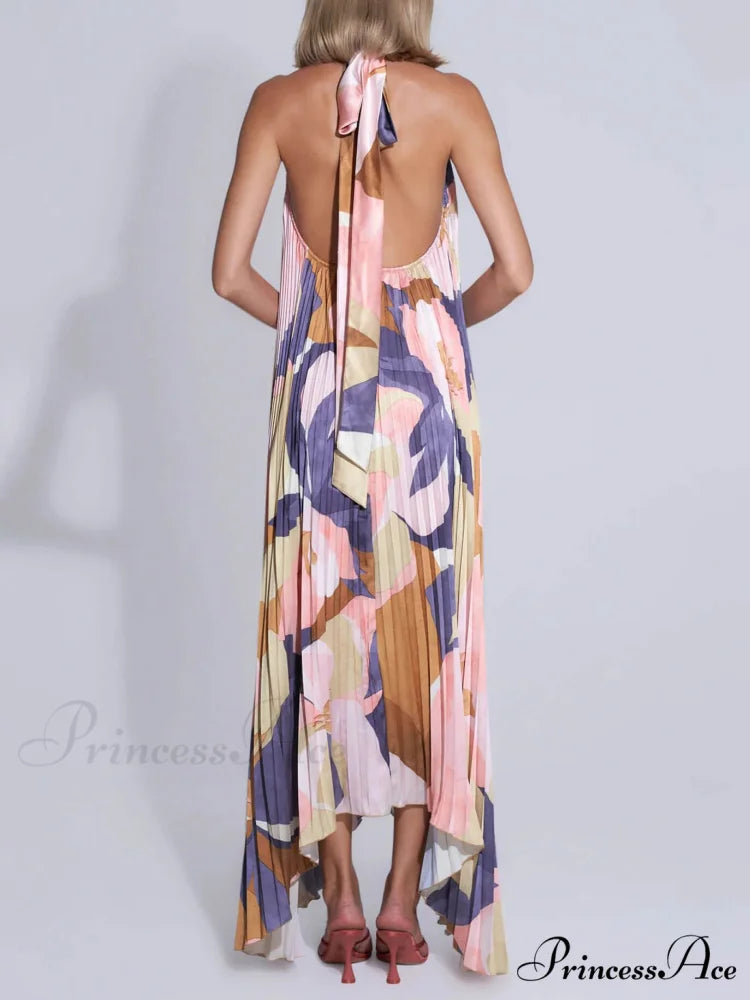 Stylish Pleated Halterneck Charming Strappy Backless Midi Dress