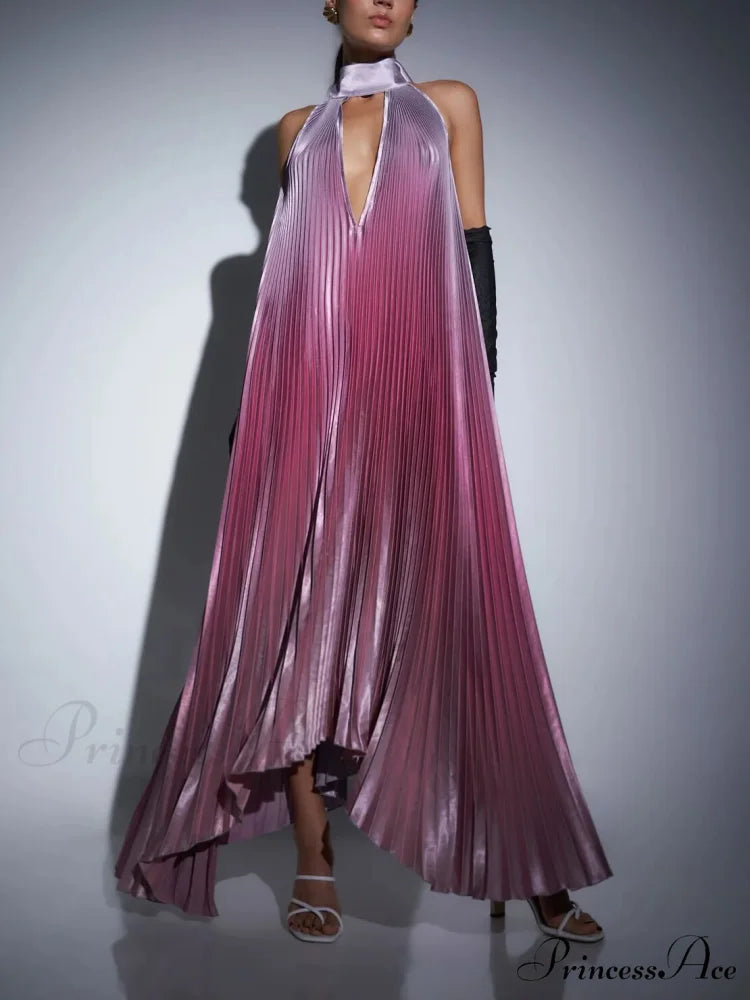 Stylish Pleated Halterneck Charming Strappy Backless Midi Dress Purple / S