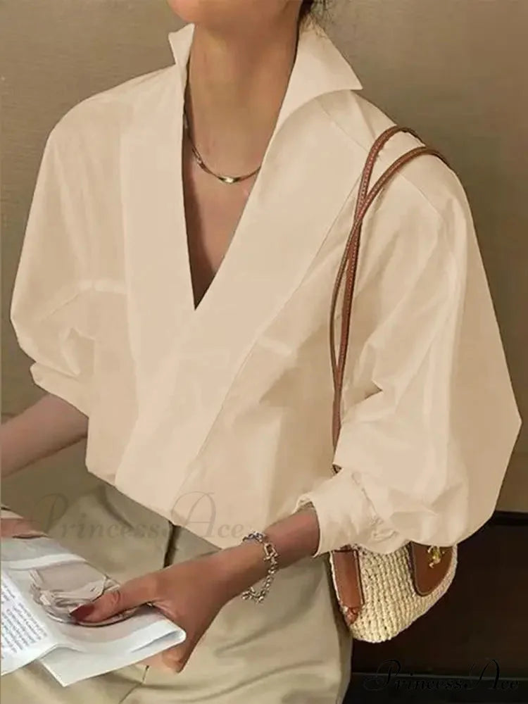 Stylish Plunging Neck Puff Sleeve Ivory Blouse Khaki / S blouse-250126