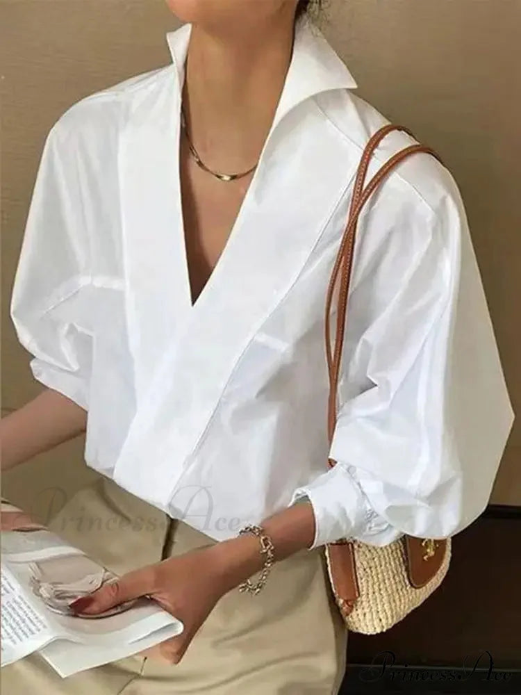 Stylish Plunging Neck Puff Sleeve Ivory Blouse WHITE / S blouse-250126