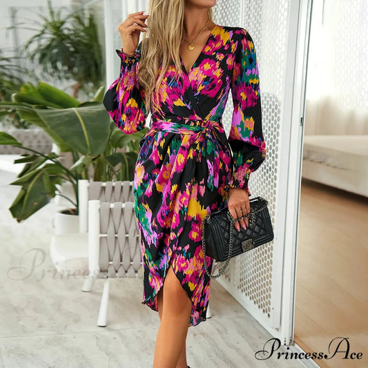 Stylish Plunging Neckline Long Bohemian Printed Dress Black / S bohodress-250126