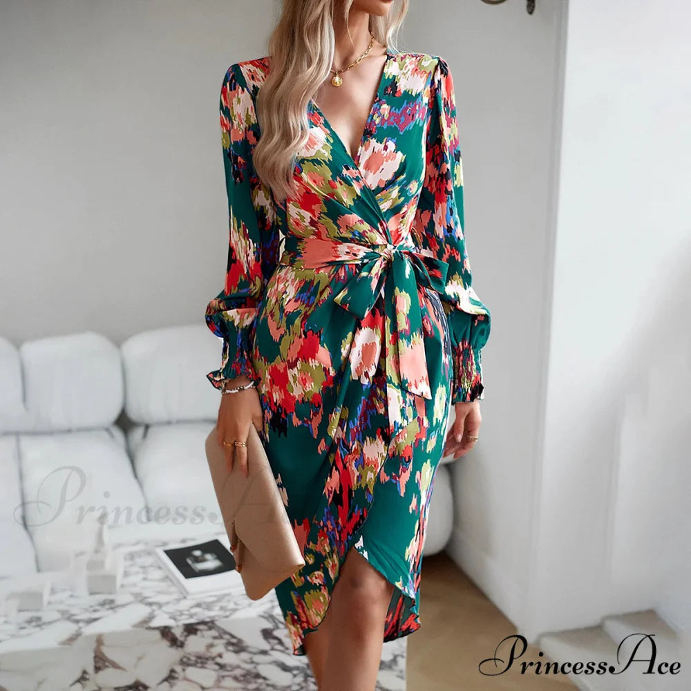 Stylish Plunging Neckline Long Bohemian Printed Dress dark green / S bohodress-250126