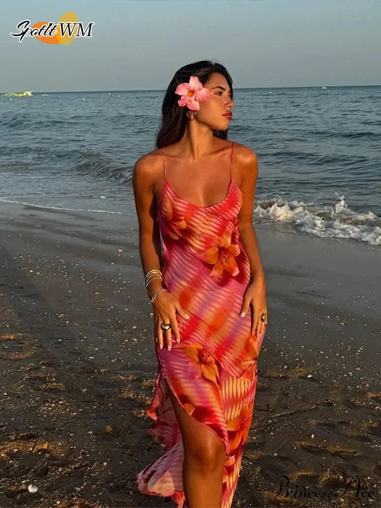 Stylish Plunging Neckline Seaside Frills Open-Backed Flower Dress floraldress-250126
