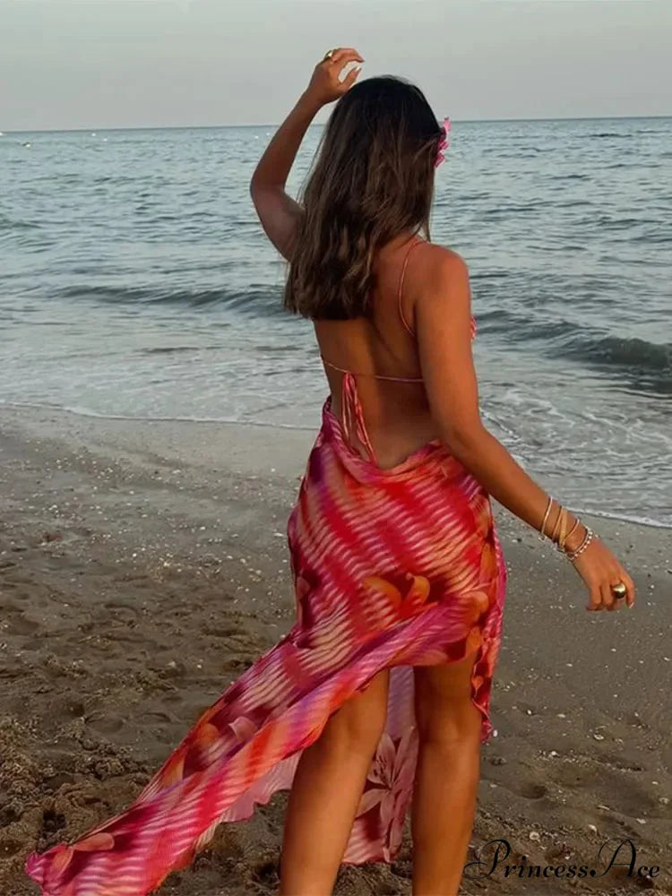 Stylish Plunging Neckline Seaside Frills Open-Backed Flower Dress floraldress-250126