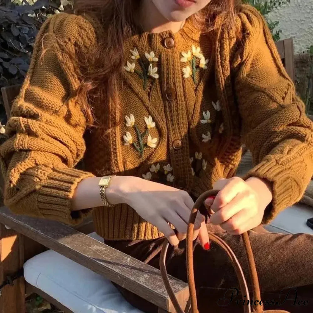 Stylish Print Solo Buttoned Knit Cardigan Dark Brown / S cardiagn-250126