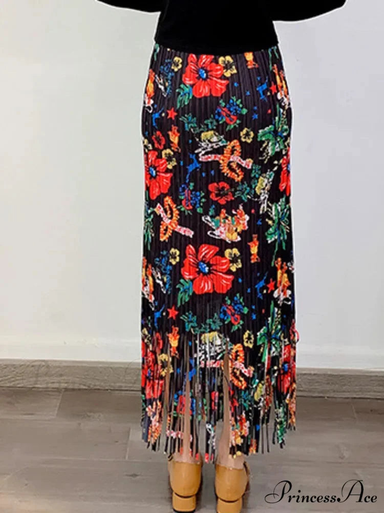 Stylish Printed Blossom Fringes Stretchy Waist Skirt Black / One Size skirt-250126