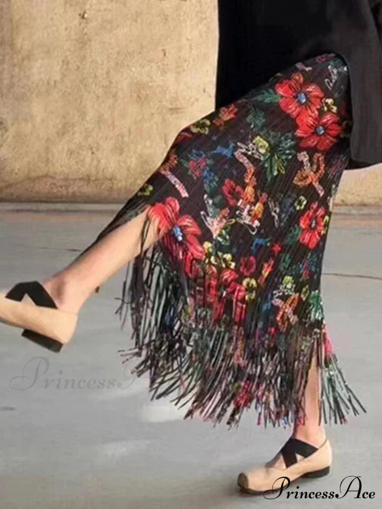 Stylish Printed Blossom Fringes Stretchy Waist Skirt Black / One Size skirt-250126