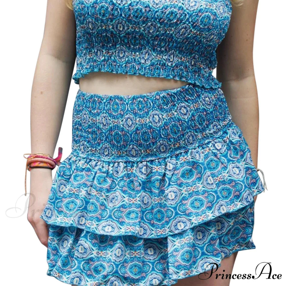Stylish Printed Pleated Skirt Lake Blue / S skirts-250223