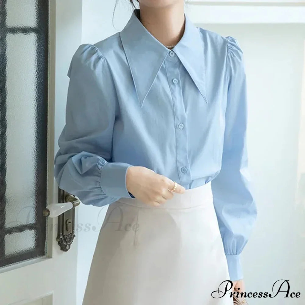 Stylish Puff Sleeve Folded Collar White Blouse blouse-250126