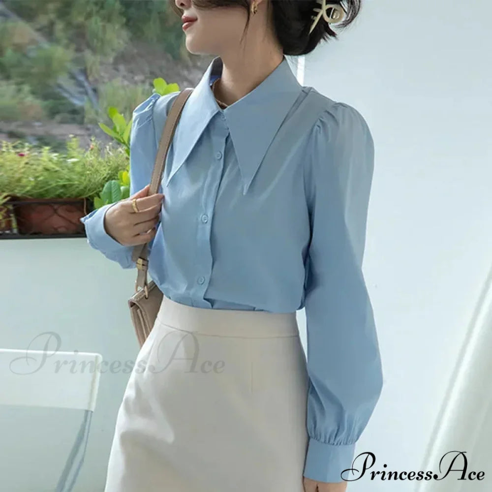 Stylish Puff Sleeve Folded Collar White Blouse blouse-250126