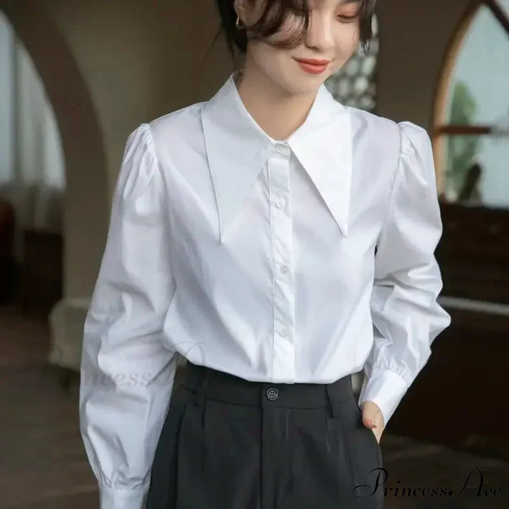 Stylish Puff Sleeve Folded Collar White Blouse blouse-250126