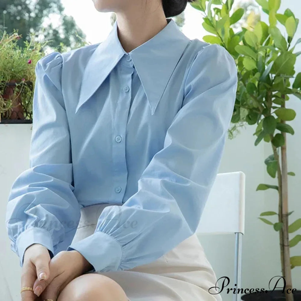 Stylish Puff Sleeve Folded Collar White Blouse blouse-250126