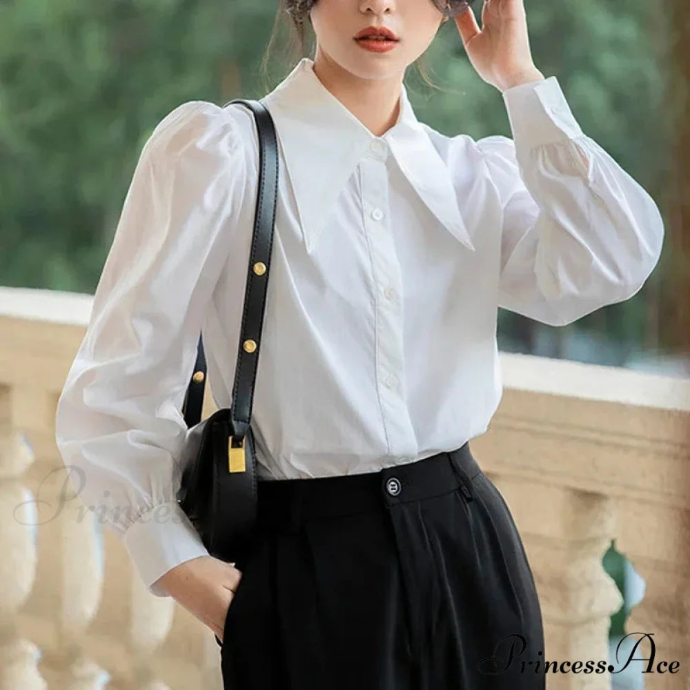 Stylish Puff Sleeve Folded Collar White Blouse WHITE / S blouse-250126