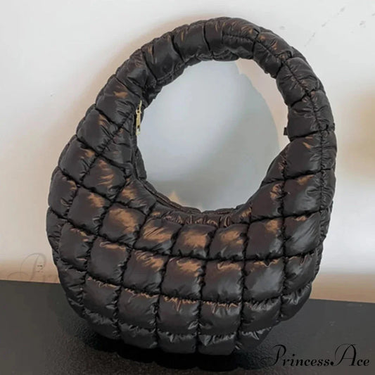 Stylish Quilted Puffer Fluffy Pleated Shoulder Handbag Black handbag-250126