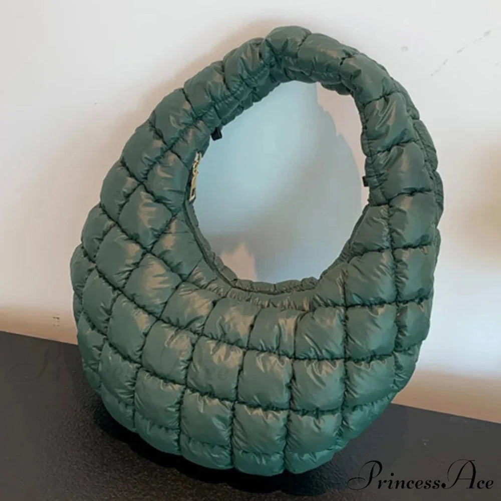Stylish Quilted Puffer Fluffy Pleated Shoulder Handbag Green handbag-250126