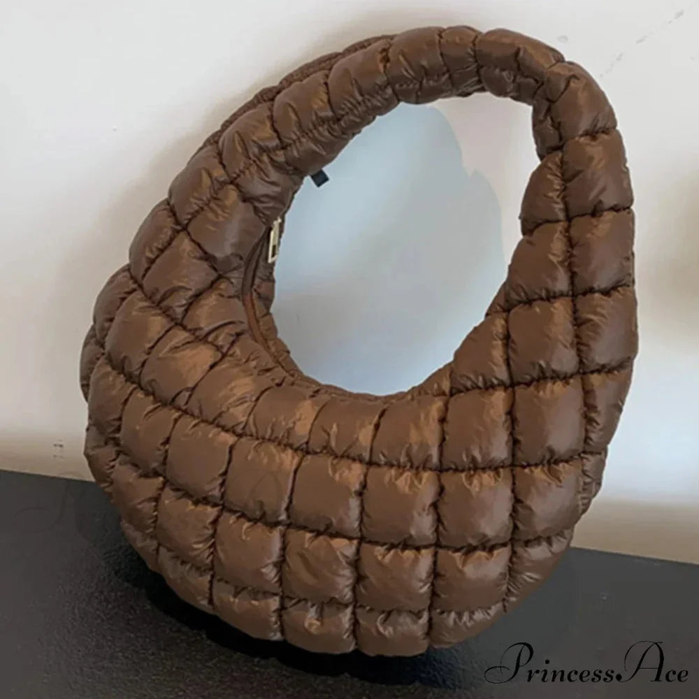 Stylish Quilted Puffer Fluffy Pleated Shoulder Handbag light brown handbag-250126