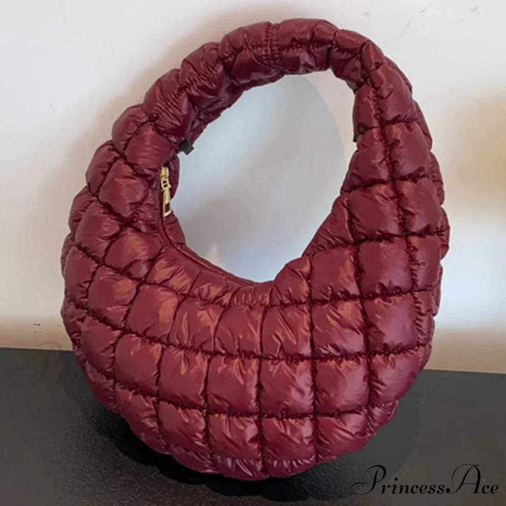 Stylish Quilted Puffer Fluffy Pleated Shoulder Handbag Red handbag-250126