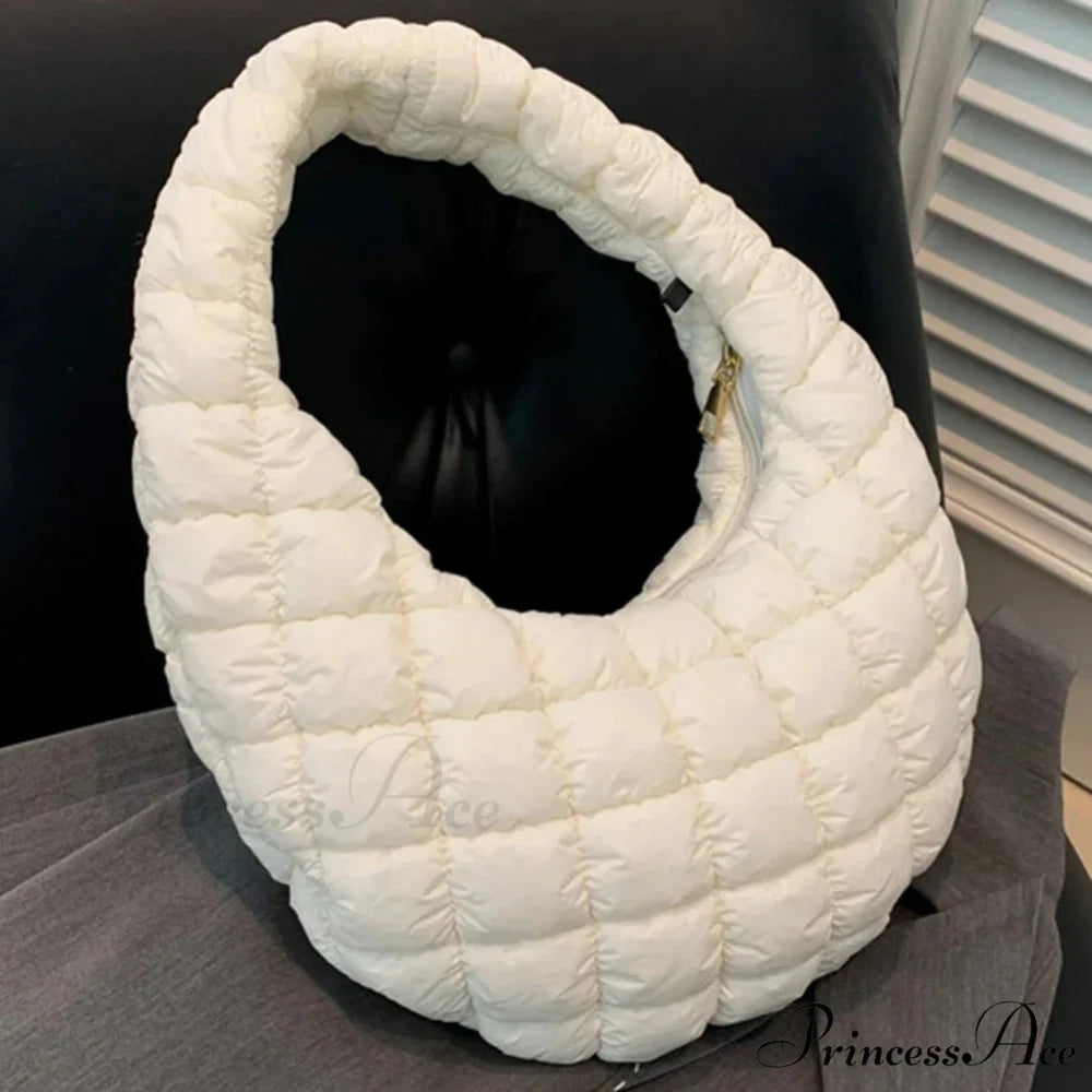 Stylish Quilted Puffer Fluffy Pleated Shoulder Handbag WHITE handbag-250126
