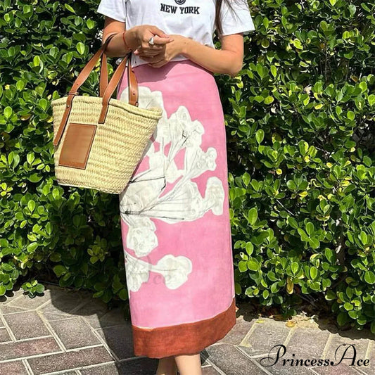 Stylish Rose Floral Printed Mid Waist Slit Midi Pencil Skirt Pink / S skirt-250126