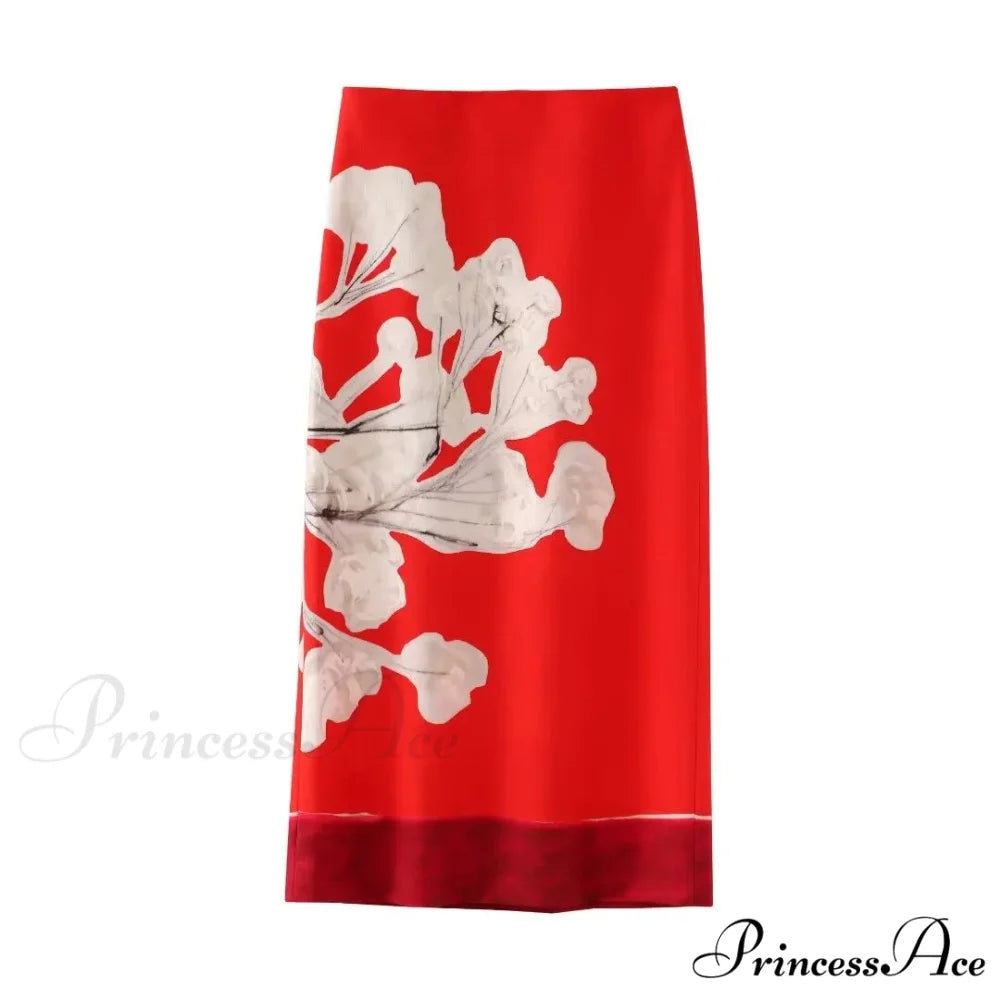 Stylish Rose Floral Printed Mid Waist Slit Midi Pencil Skirt Red / S skirt-250126