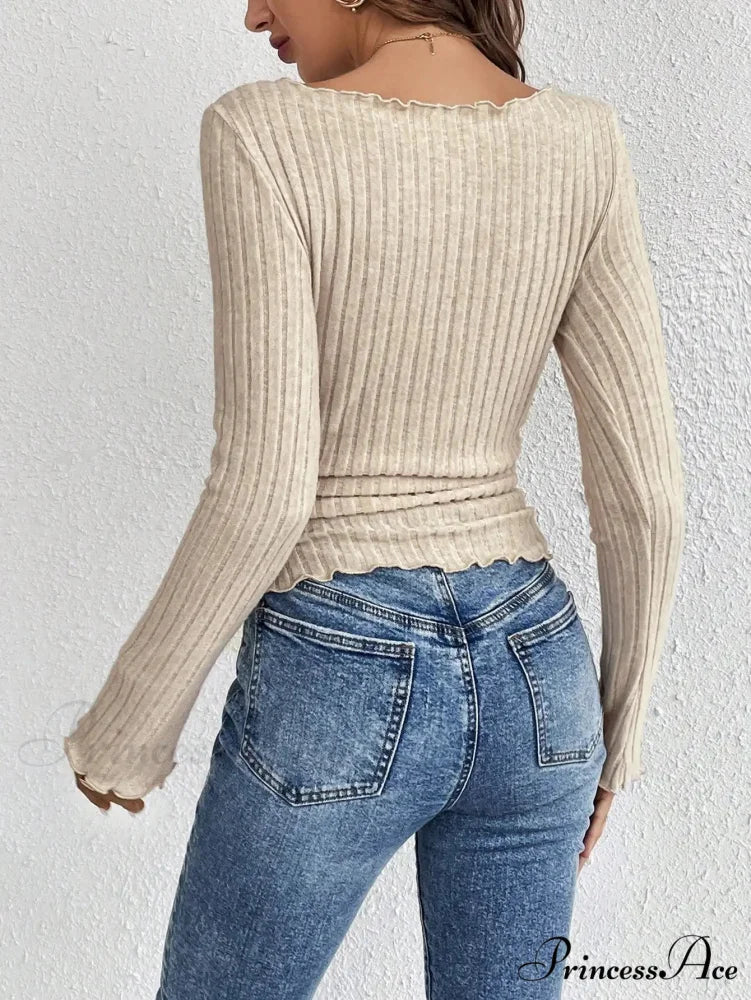 Stylish Round Neck Timber Ear Edge Long Sleeve Knit Top knittop-250126