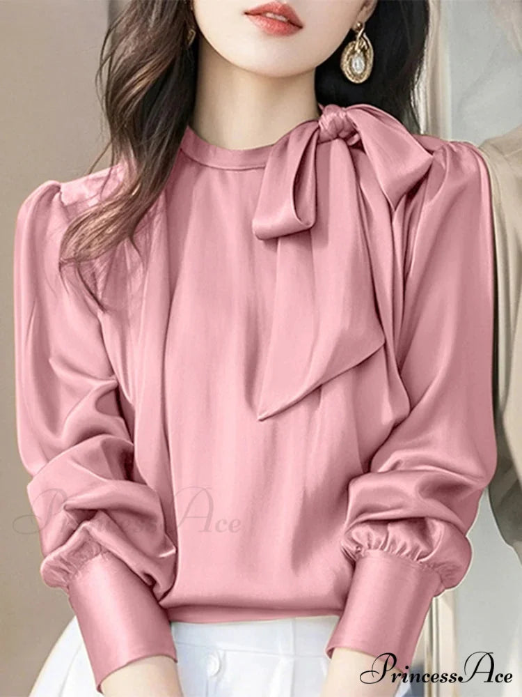 Stylish Silk Bowtie Collar Blouse Work Blouse Pink / S blouse-250126