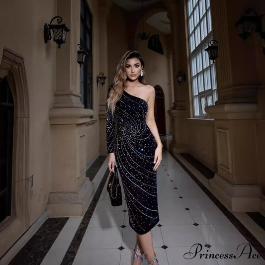 Stylish Single-Shoulder Crystal Slimming Gown Prom Gown promdress-250223