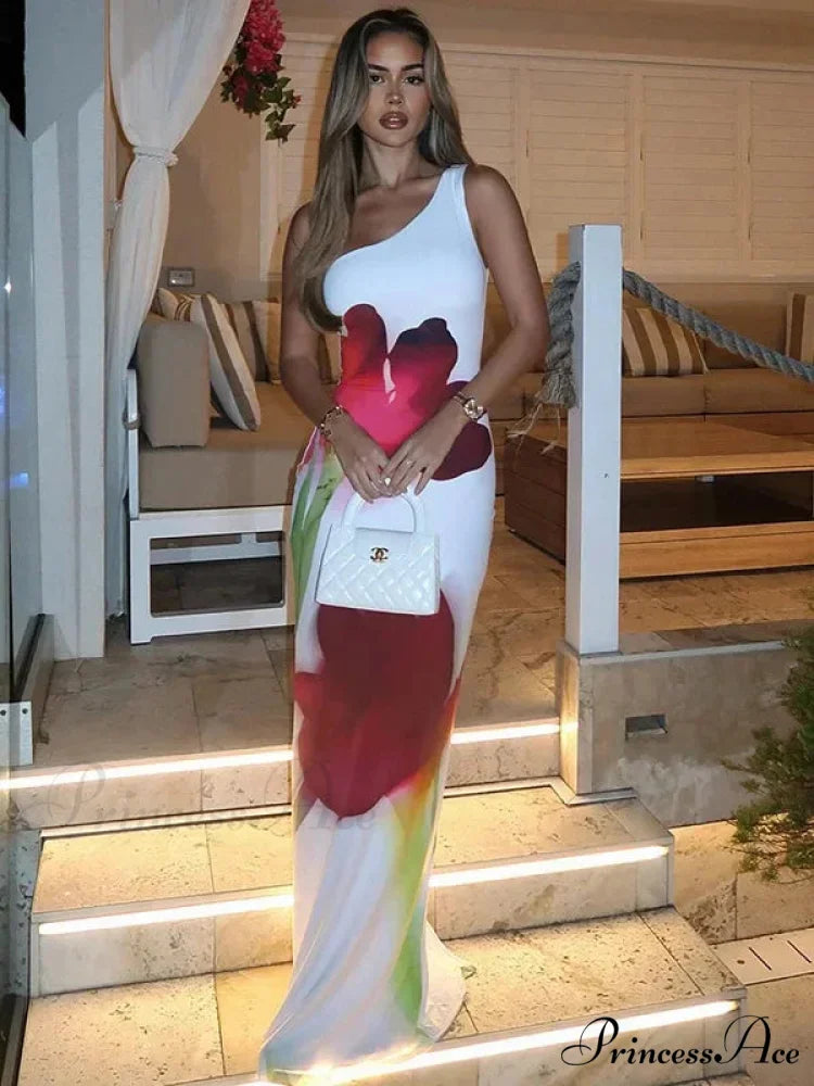 Stylish Single Shoulder Open Back Long Floral Gown floraldress-250126