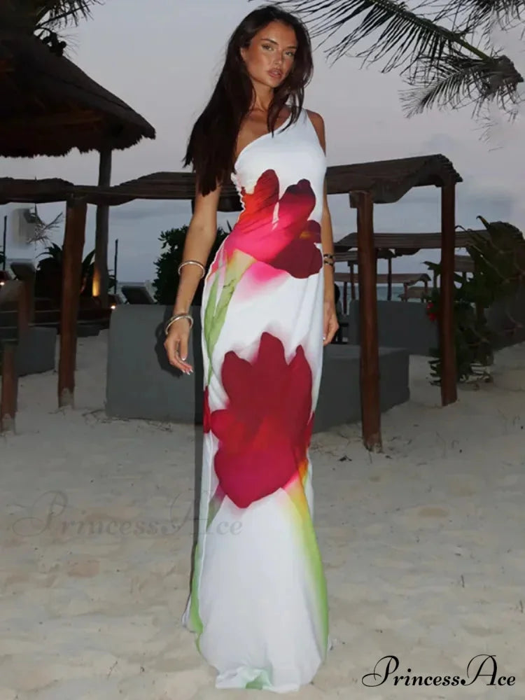 Stylish Single Shoulder Open Back Long Floral Gown floraldress-250126