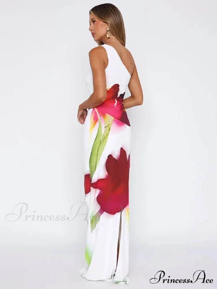 Stylish Single Shoulder Open Back Long Floral Gown floraldress-250126