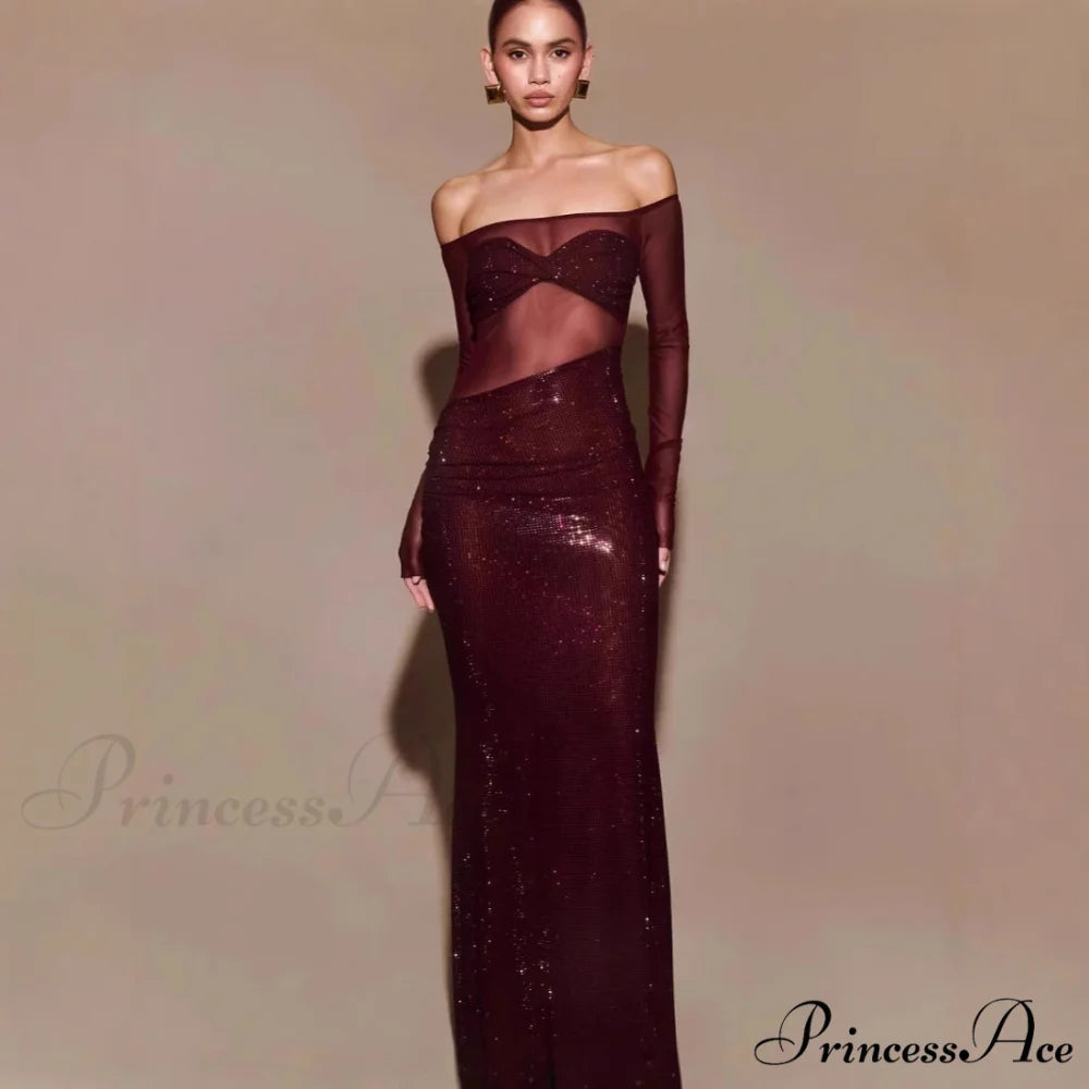 Stylish Single-Shoulder Sparkling Fitted Prom Gown apricot / XS promdress-250223